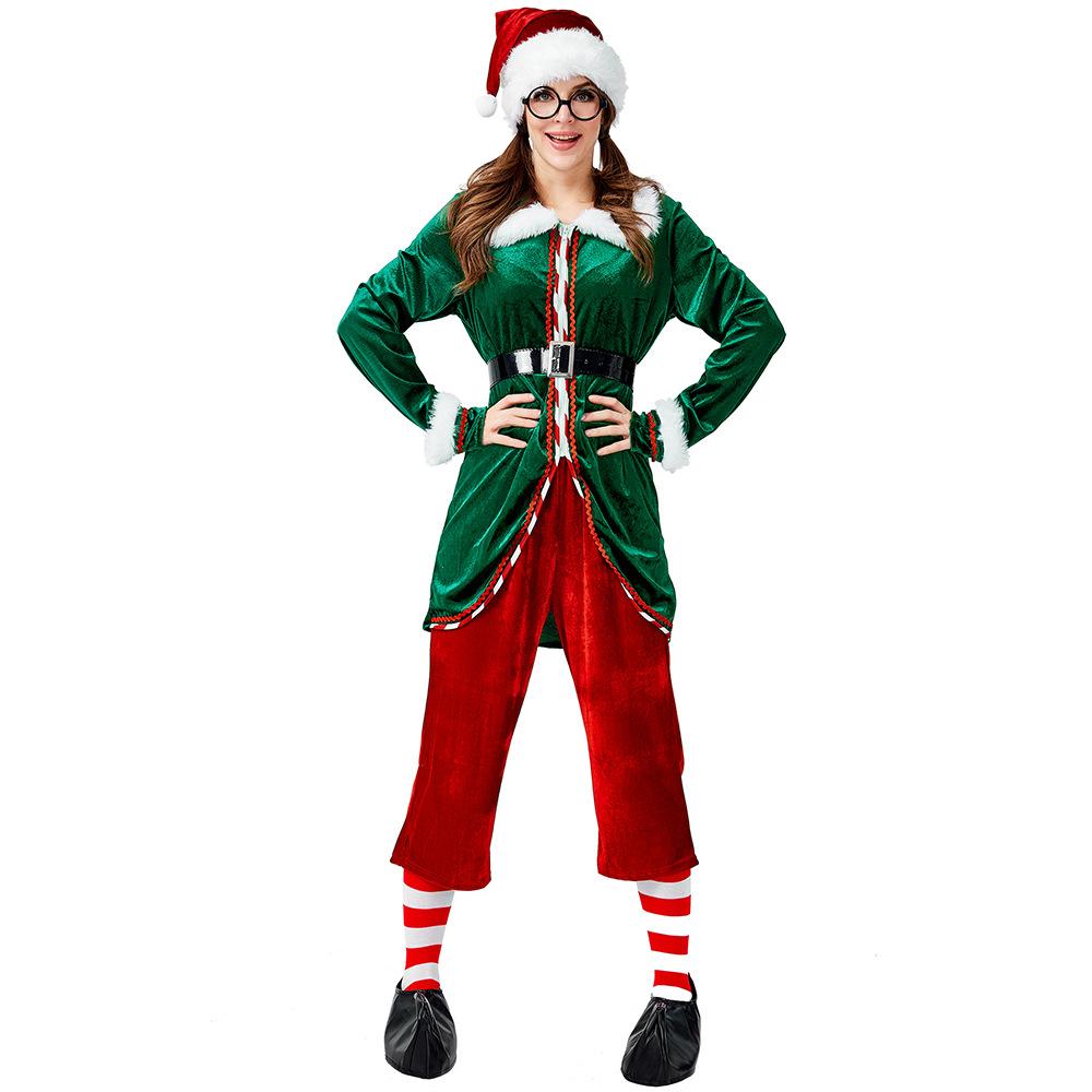 Adult Women Christmas Xmas Green Elf Top Pants Hat Socks Sets Halloween Role Play Dress Up Cosplay Costume