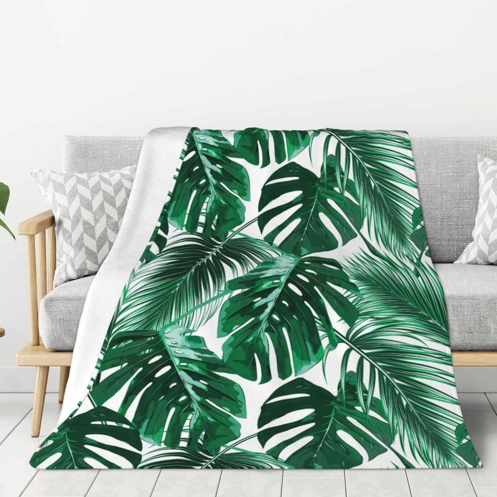 Coperta Plaid Verde Tropicale con Foglie Palma Monstera in Pile per Divano Letto Tema Festivo Accogliente Morbida Coperta Decorativa Regalo Caldo