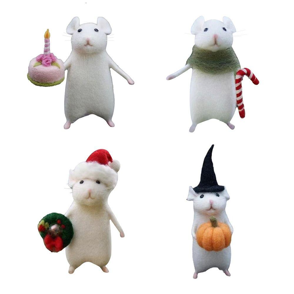 Home Decor Cute Mouse Handmade Halloween Mouse Mouse with Xmas Hat with A Pumpkin Wool Felt Mouse