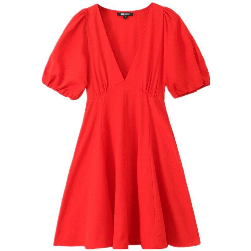 

Fashion Style 2024 Summer New Arrival Women s Clothing V Neck Plaid Slim Looking Fluffy Sleeve Mini Dress 9878161 Red L