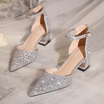 Sequins Hollow Word Belt Single Shoes High Heels Women's 2025 Spring and Summer New Fashion Thick Heel High Heel Bag Head Sandals Women
