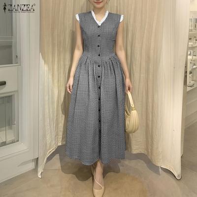 Womens Splice V-Neck Casual Sleeveless Grid Print Dress