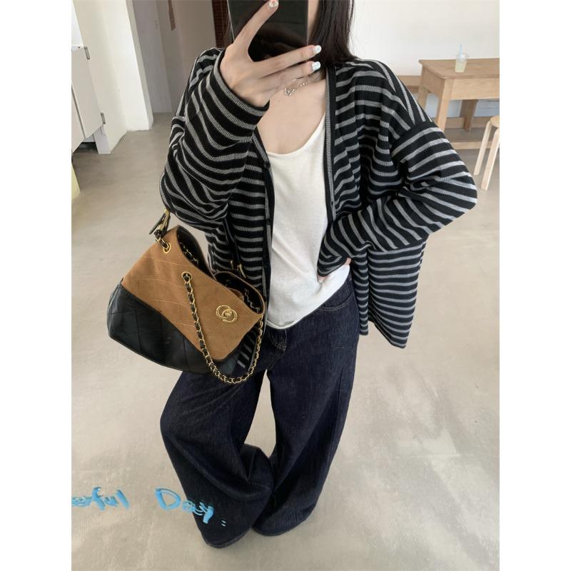 Wear a Lazy Style Versatile Striped V-neck Cardigan Jacket In Early Autumn, Femininity Large Size Loose Button Top