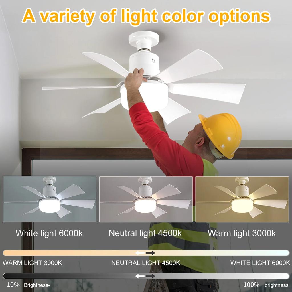 Socket Fan Light 3 Speeds Dimmable Screw In Ceiling Fan In Light Socket with Extender & 6 Blades for Bedroom Kitchen