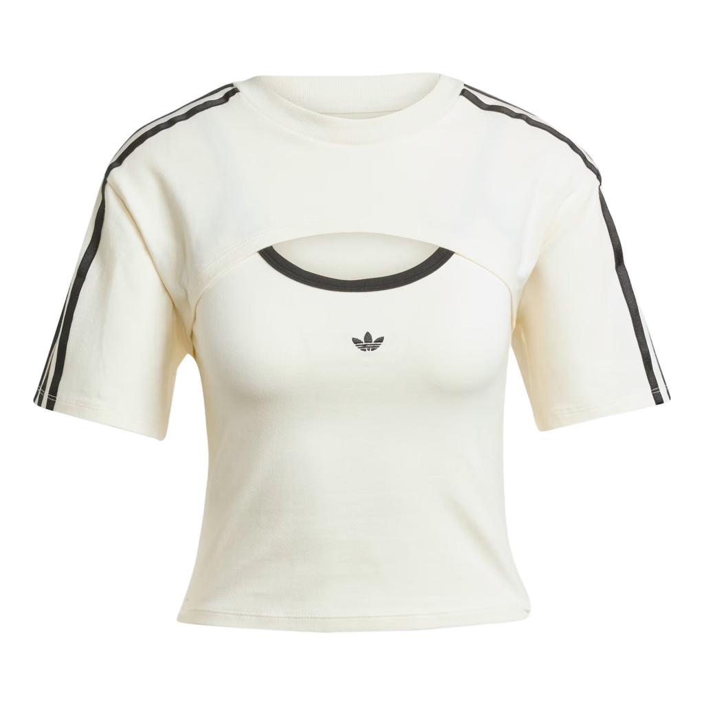 Adidas Originals Cali Tee Cutout Slim Fit Striped Round Neck Versatile Short Sleeve Drop Shoulder T-Shirt Women Tops Off-White Black JJ3090