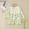 ZANZEA Women Casual V-Neck 3/4 Sleeve Loose Floral Print Blouse