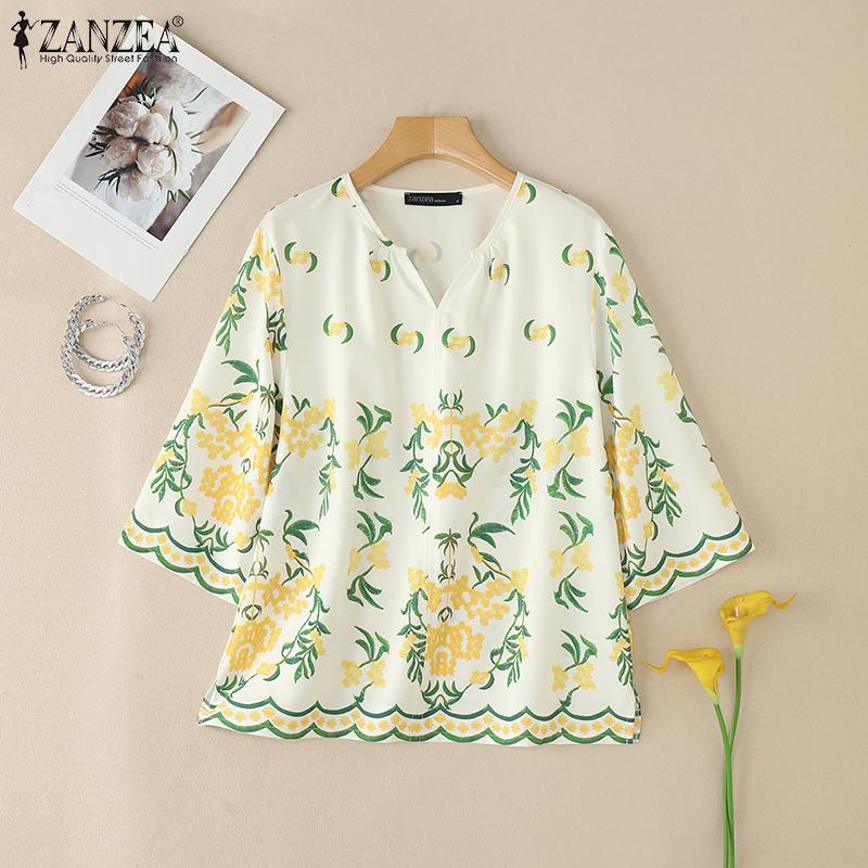 ZANZEA Women Casual V-Neck 3/4 Sleeve Loose Floral Print Blouse