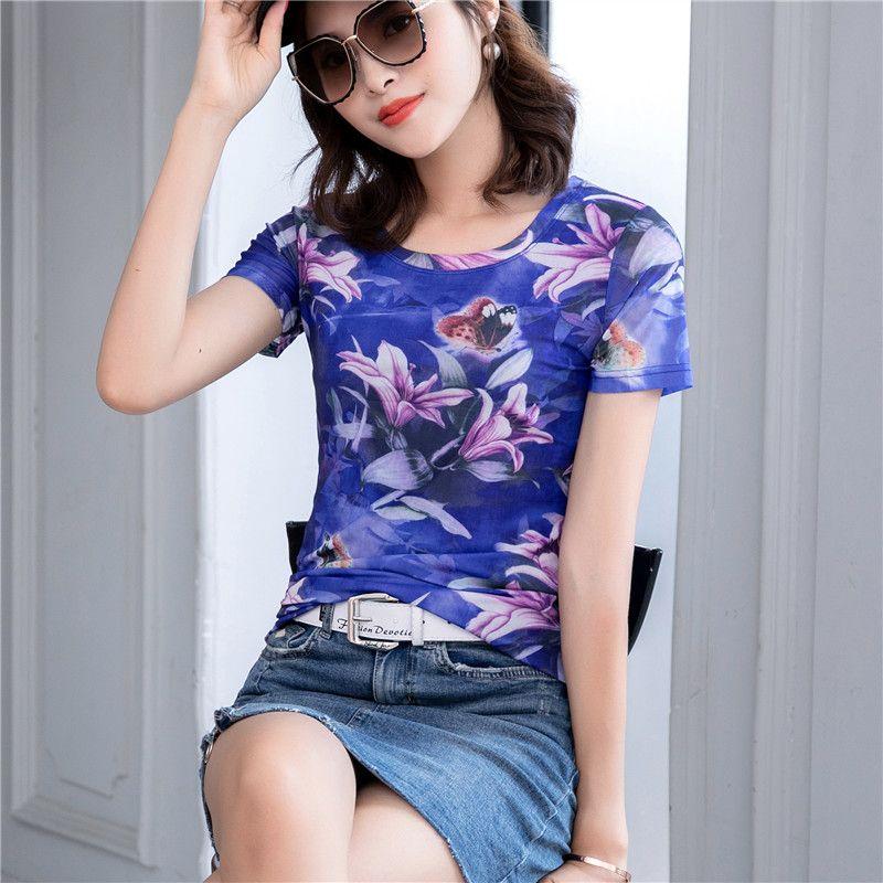 

2024 Summer Mesh Slim Fit Half-Sleeve Top Flowers Blue L