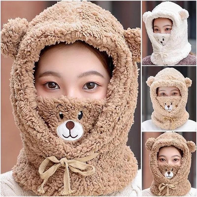 Cute Cartoon Bear Ear Hat Winter Warm Fleece Plush Scarf Hats with Mask Thick Lamb Cap Skullies Beanies Hats for Women Girls
