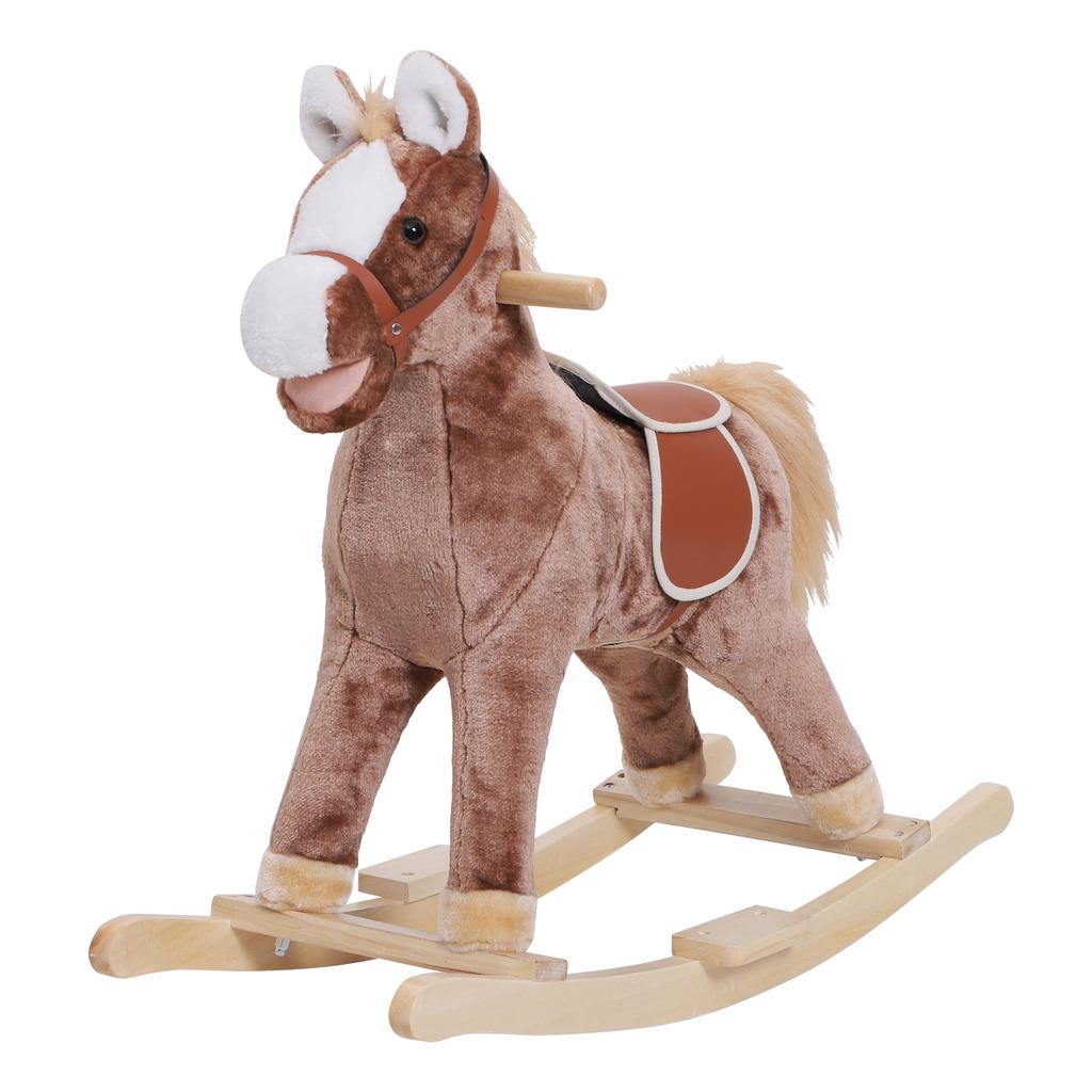 Kids Children Plush Rocking Horse Wooden Base Ride On Toy Rocker with Handle Grip Traditional Toy Fun Gift for Age 3+ (Brown)