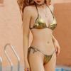Set bikini da donna a tre pezzi per le vacanze estive in spiaggia, tinta unita, lucido, con lacci sexy, con gonna, senza schienale, casual, bikini 24338