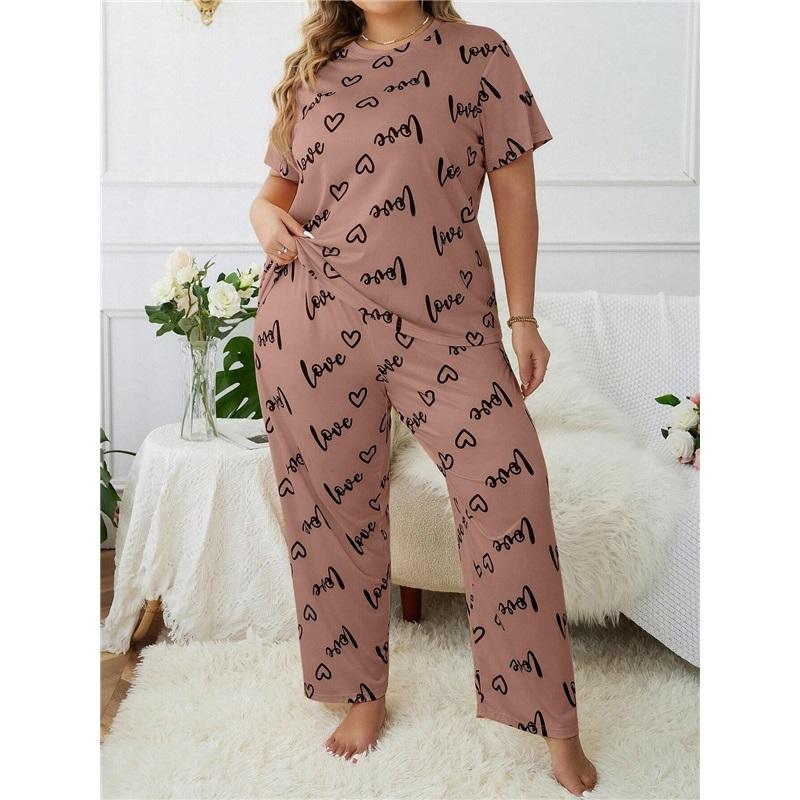 Large Love Love Printed Short Sleeve Pajama Set Loose And Comfortable Two Piece Home Clothes Set