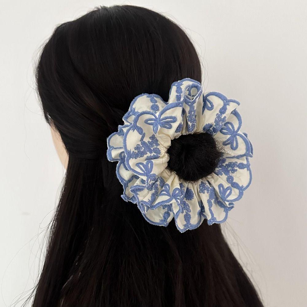 Bow Elastic Hair Bands Blue Embroidery Large Hair Scrunchies Sweet Exaggerated Hair Rope Ladies