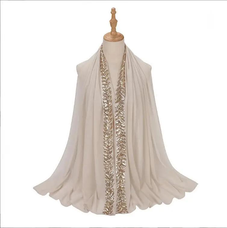 High Quality Pearls Chiffon Scarf Muslim Women Sequins Hijab Headwrap Arab Plain Turban Shawls Hair Accessories 175*70cm