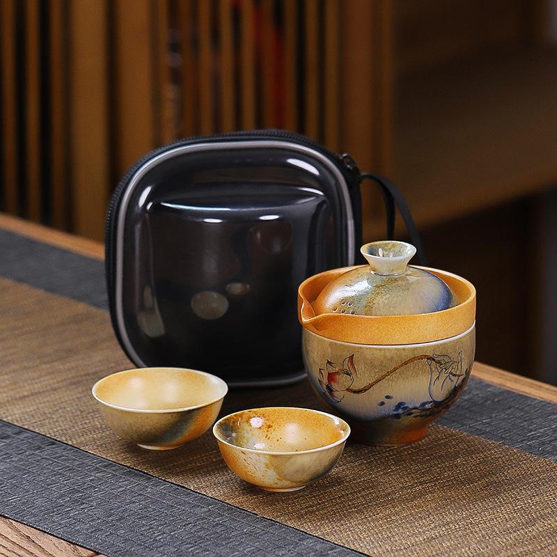 Firewood Kuaike Tea Set Creative Travel Ceramic One Pot Three Cups Gift Set Outdoor Portable Tea Pot