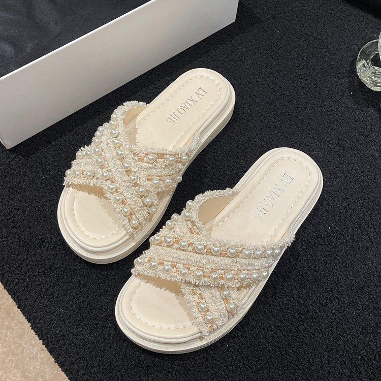 

Женские летние шлепанцы на толстой подошве, корейская версия, новые, Xiaoxiangfeng, с перекрещенными жемчужинами, модные, для улицы, на маффиновой подошве, крутые шлепанцы 40 бежевый