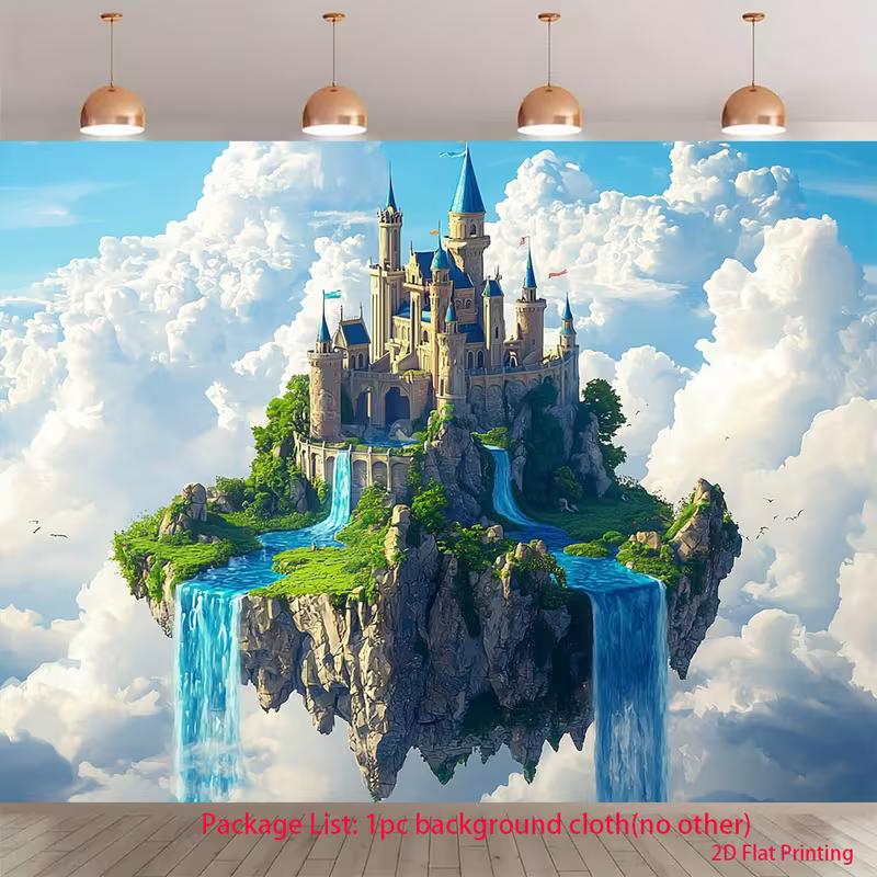 2D Enchanted Sky Tapestry, Dreamy Cloud Castle with Blue Waterfalls Background Cloth 47.2x31.5inch/120*80cm