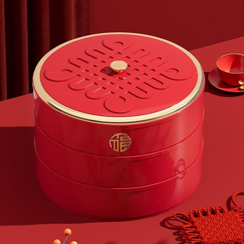 Runde Schale Kunststoff 5 Fächer mit Deckel Chinesisches Knotenmuster zum Servieren von Snacks und Süßigkeiten Trockenfrüchte Box