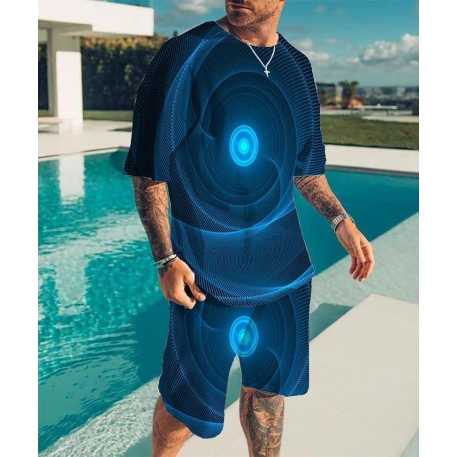 2024 New Men's Round Neck T-shirt Set Printing Optical Illusion Pattern T-shirt Two Piece Set Fashion Men's Summer T-shirt Set