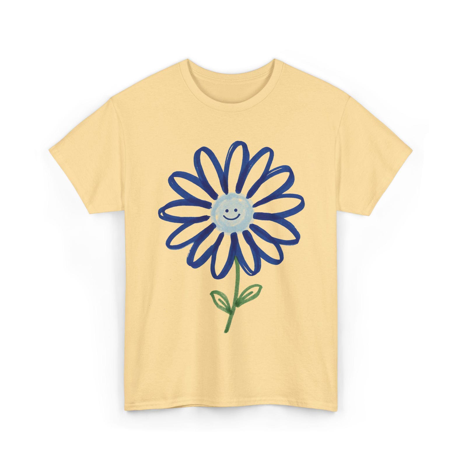 Smiley Daisy T-Shirt, Blue Flower Graphic, Hand Drawn Botanical Art, Indie Aesthetic Top, Minimalist Floral Print, Cotton Clothing 4XL