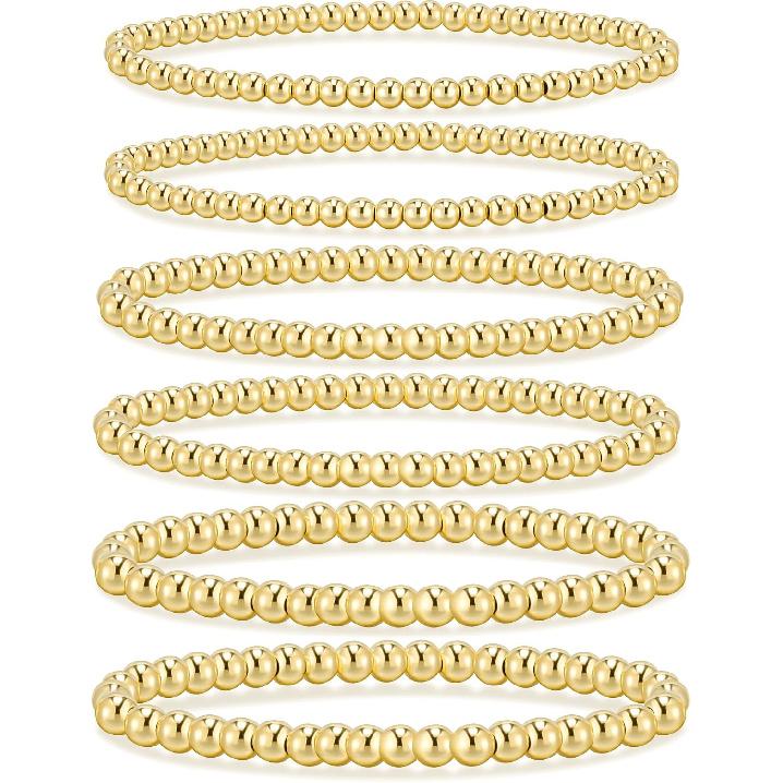 adoyi Gold Bracelets for Women Waterproof, 14K Gold Plated Beaded Strand Bead Ball Bracelets stack Adjustable Jewelry Set for Gifts
