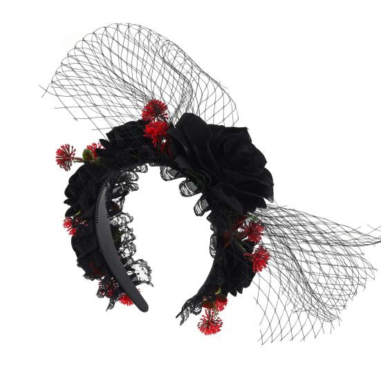 Halloween Rose Flower Headband for Women Gothic Black Lace Red Rose Hairbands Lolita Lace