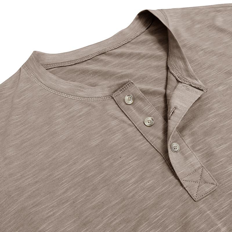 American Style Men's Summer T-shirt Solid Short Sleeve Henry Shirt Buttoned Round Neck Top