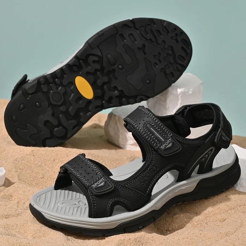 Mode Vintage Stil Herrsandaler Casual Lädersommarskor för Män Utomhussport Herr Strandskor Snabbtorkande Vattensport Aqua Skor