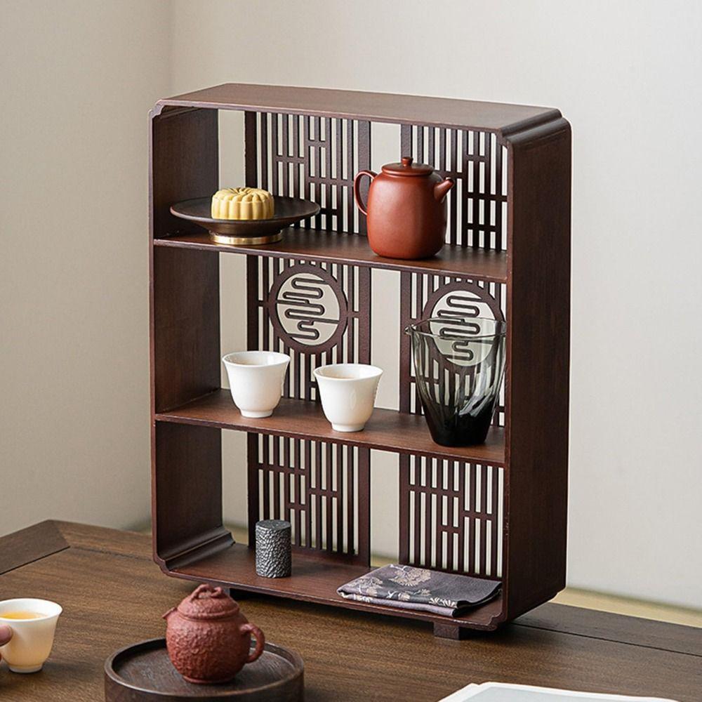 Hollow Out Handcrafted Curio Cabinet Walnut Wood Tea Storage Cabinet Living Room