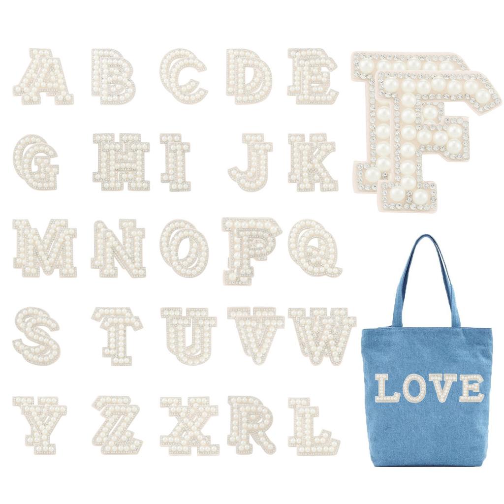 26pcs A-Z Glitter Pearls Rhinestone Letter Patches Repair Embroidered Sew On Appliques, Patches for DIY Clothes Bags Hats