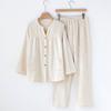 Pyjama Damen Herbst Japanisch Unifarben V-Ausschnitt Baumwolle und Leinen Unifarben Hausanzug Locker Langarm Hose Kann draußen getragen werden Hausanzug