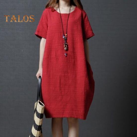 Lady Summer Dress O Neck Short Sleeves Pure Color Loose Side Pockets Knee Length Pullover Casual Commute Midi Dress