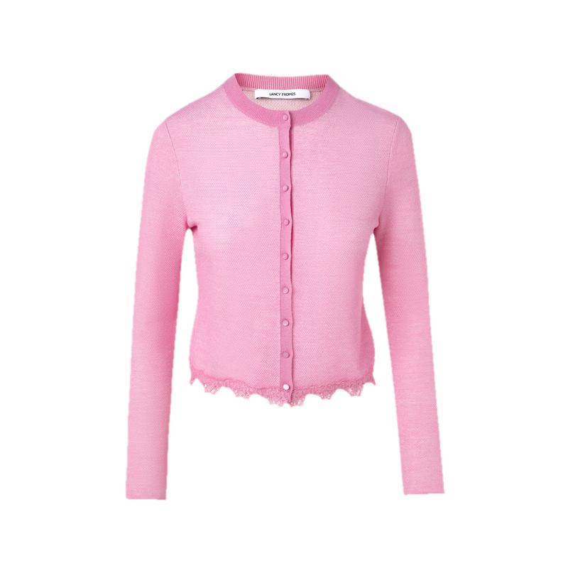 Lanzhi Women's Elegant Round Neck Lace Trim Knit Cardigan