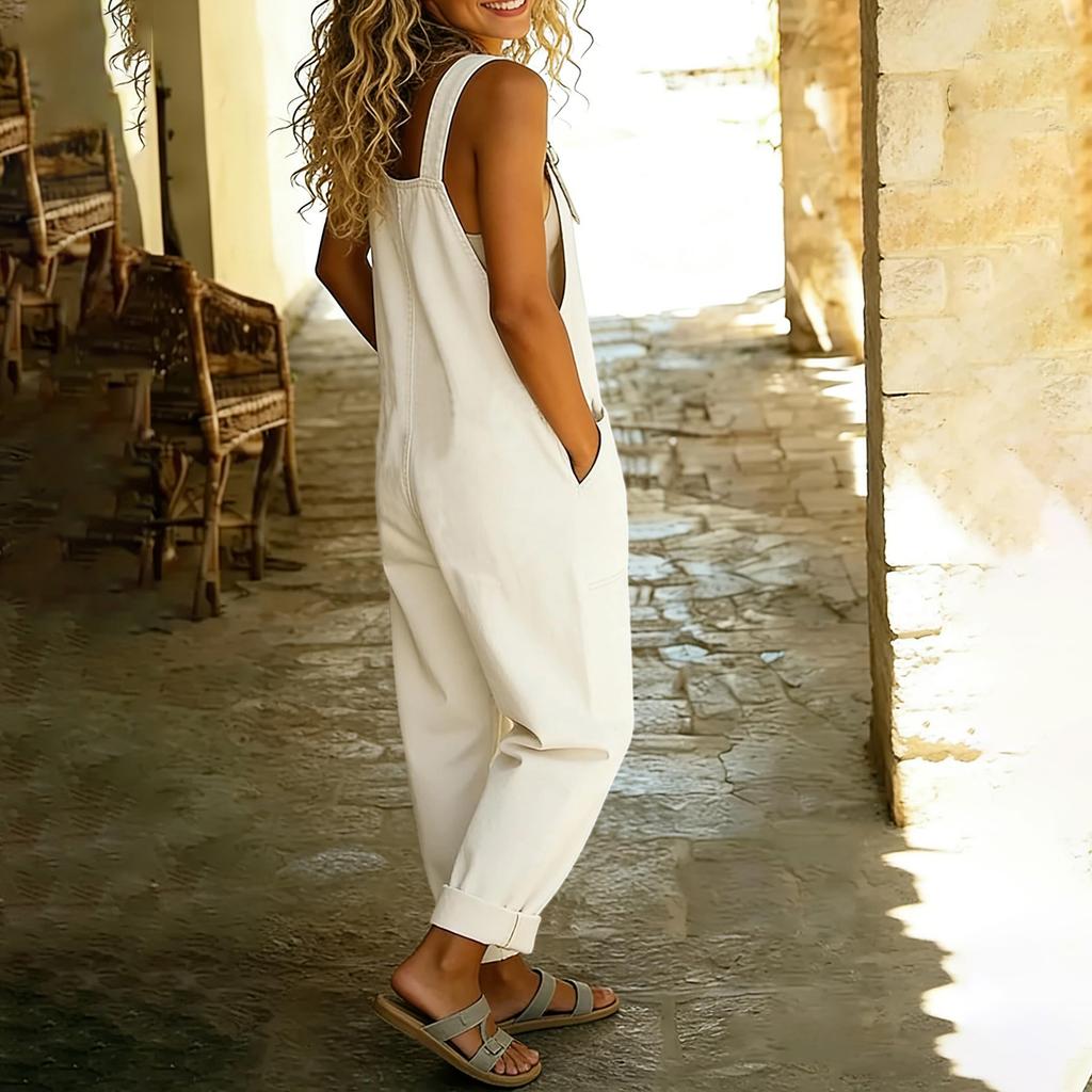 Γυναικείο Casual Φαρδύ Τζιν Ολόσωμο Φόρεμα Jumpsuit με Ρυθμιζόμενα Τιράντες και Κουμπιά Μπροστά για Καθημερινή Χρήση