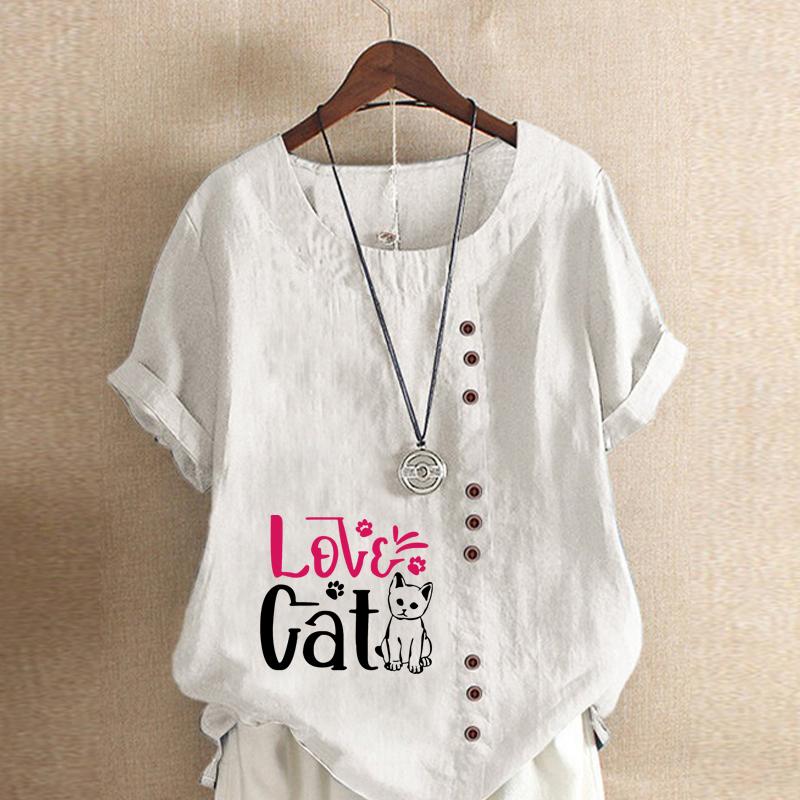 

Женская модная футболка с коротким рукавом и принтом в виде кошки, свободная хлопковая рубашка, повседневная свободная летняя блузка, топы больших размеров 5XL белый