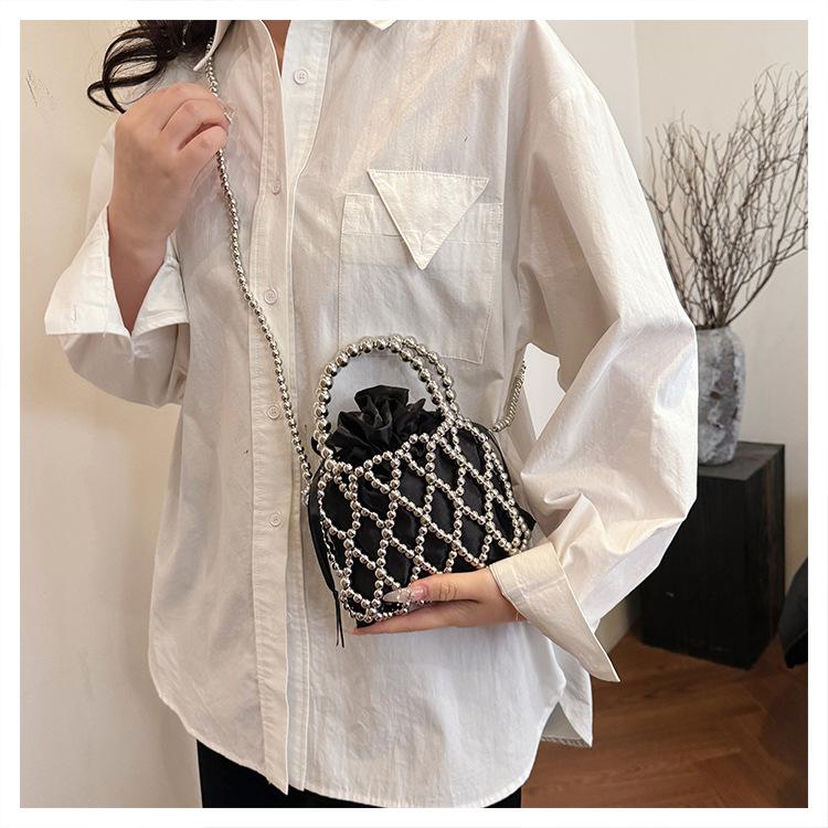 Handmade Beaded Pearl Bucket Phone Bag, Hollow Lace Design Crossbody Purse for Women, Elegant Mini Handbag