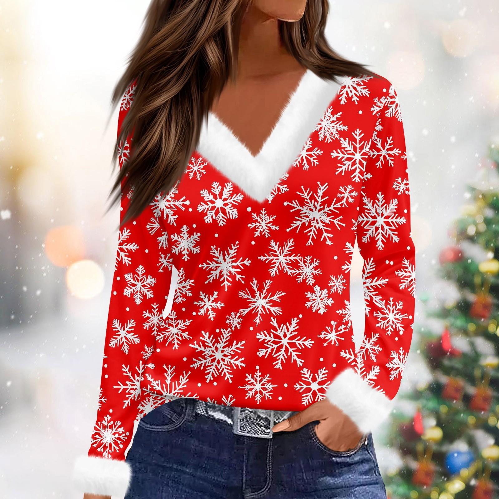 

Женский модный повседневный топ с V-образным вырезом и длинными рукавами, рождественским принтом и плюшевым воротником S красный