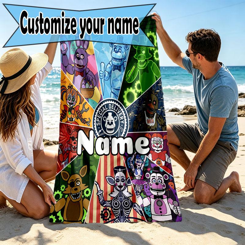 Personalisierter Strandtuch mit individuellem Namen für Five Nights at Freddy's, für Reise Camping Strandparty Heimdekoration, Geburtstagsgeschenk für Familie & Freunde