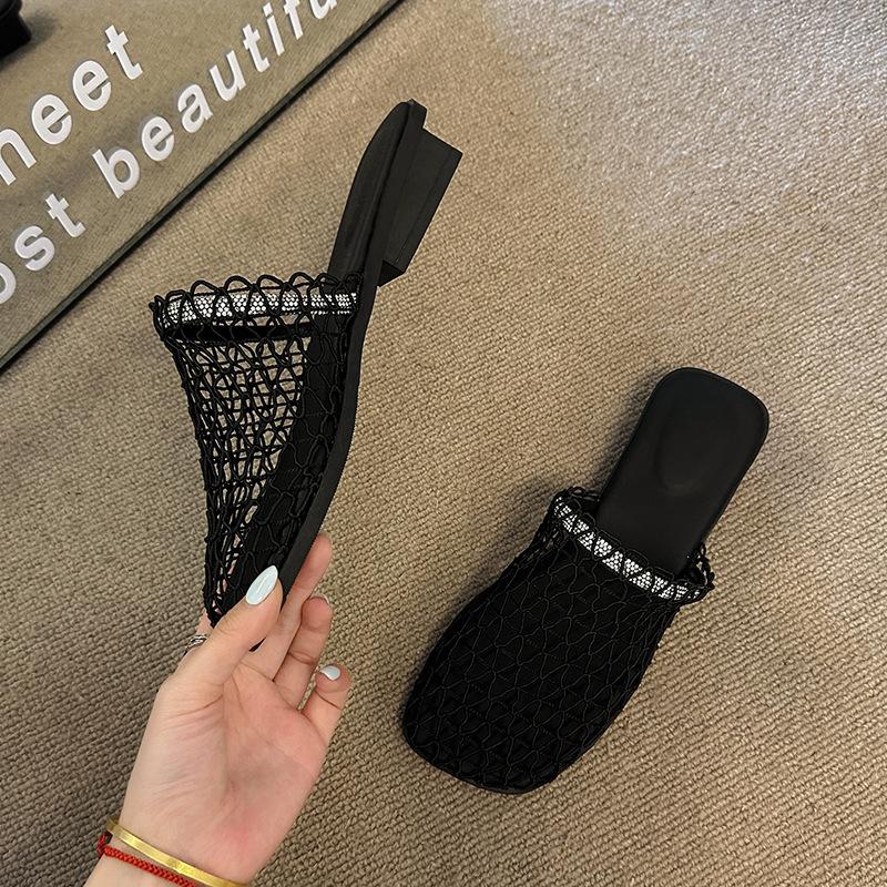 French low-heeled fishing net shoes mesh hollow bag head half slippers women's summer wear 2025 new hole cool slippers