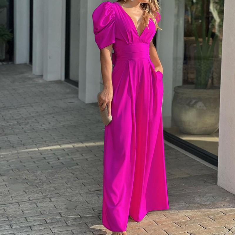 2026 Women's Clothing Is Fashionable Elegant Solid Color Slim Short-sleeved Wide-leg Jumpsuit