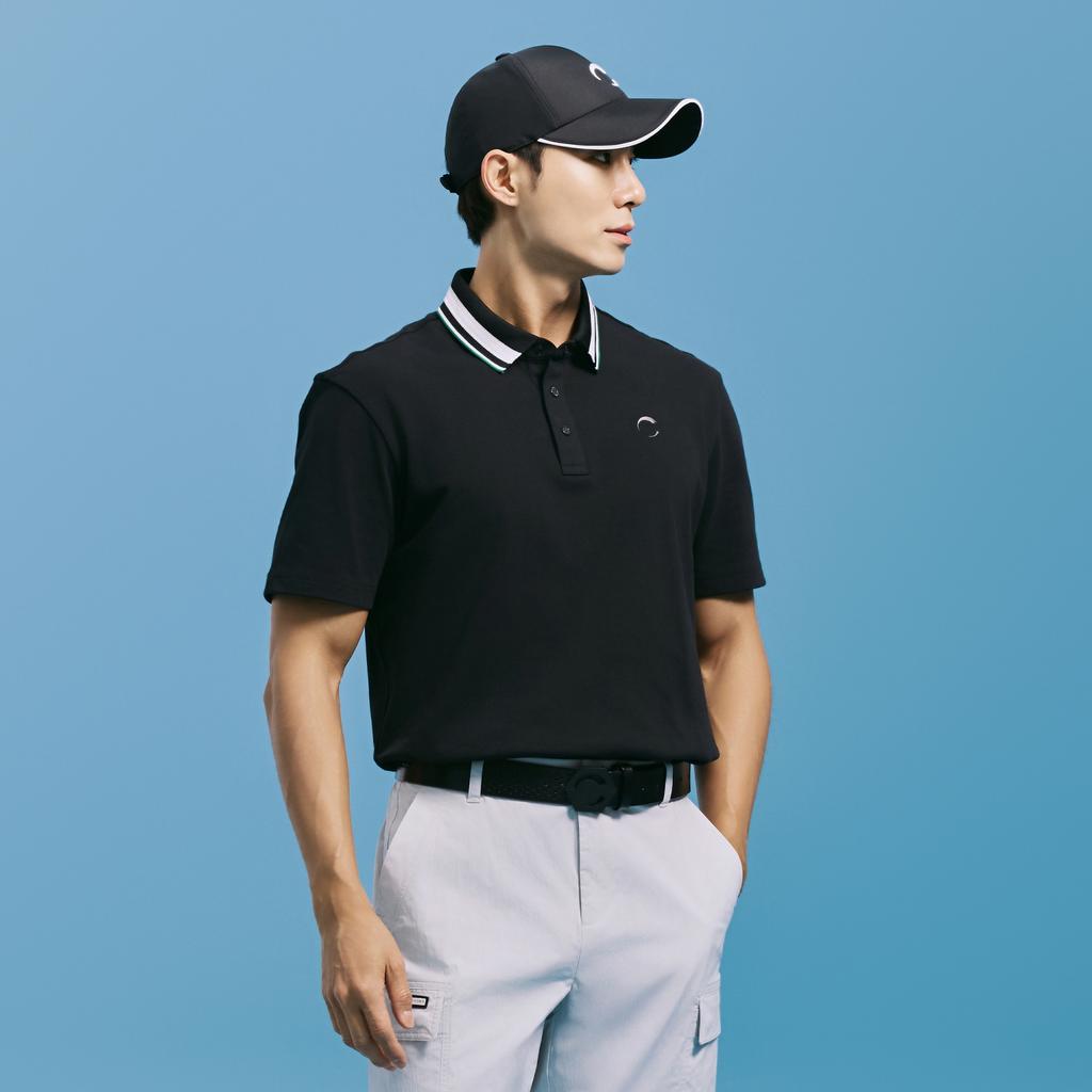 CHALLENGER Men'S Pq Material Contrast Collared Short Sleeve Tee Black