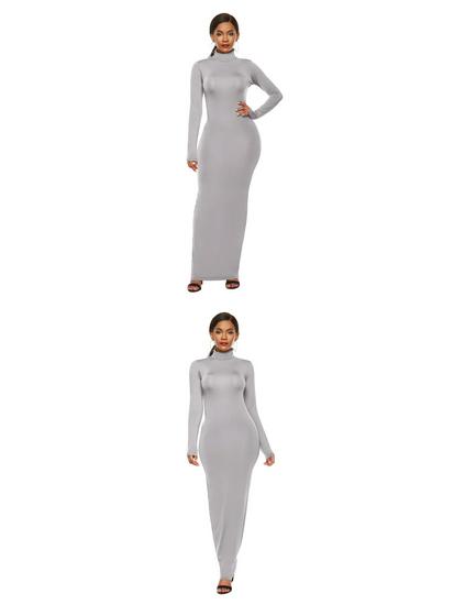 Elastic High-Neck Long-Sleeve Maxi Dress