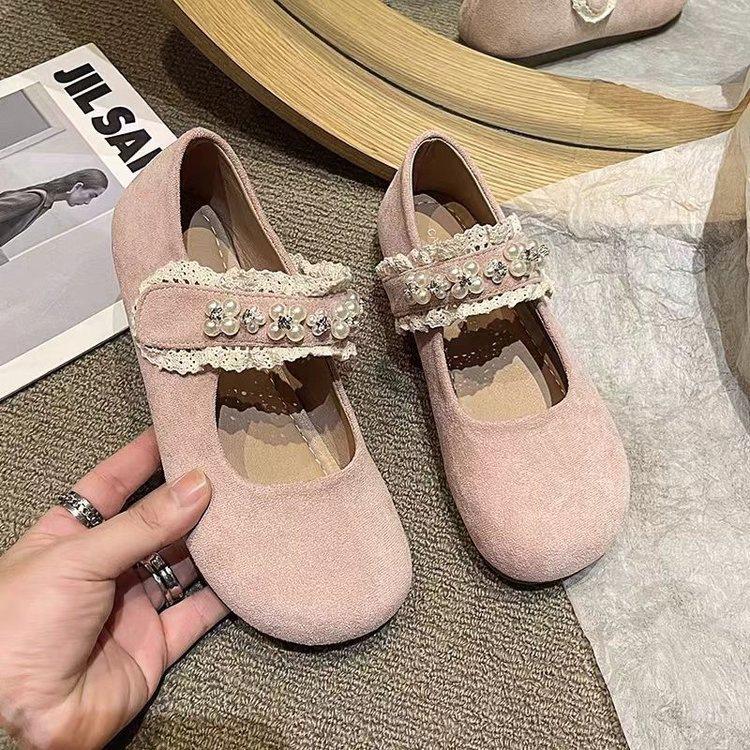 Velcro flat Mary Jane single shoes women's autumn 2025 new pearl shallow mouth with skirt versatile beanie shoes