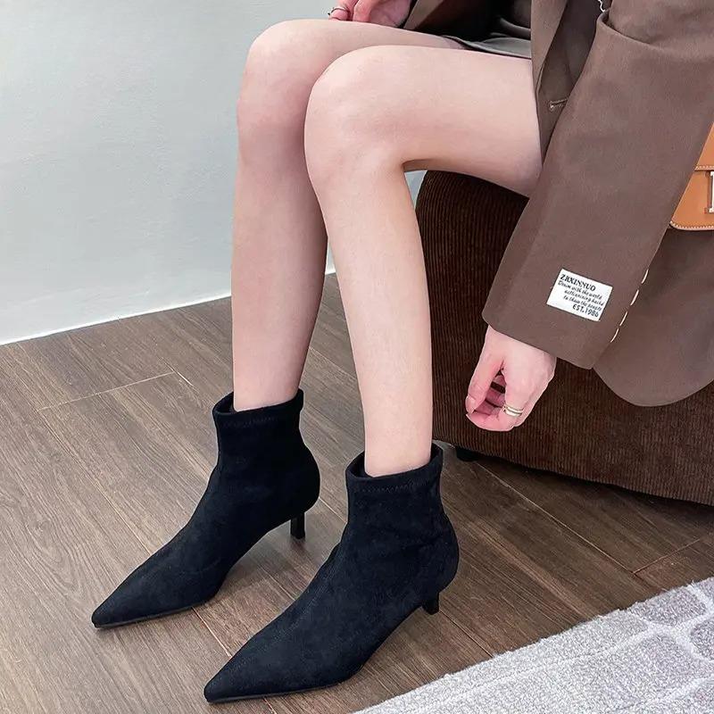 Spring Autumn Suede Women Ankle Boots Fashion Pointed Toe Back Zipper Ladies Elegant Short Booties Thin Low Heel Pumps