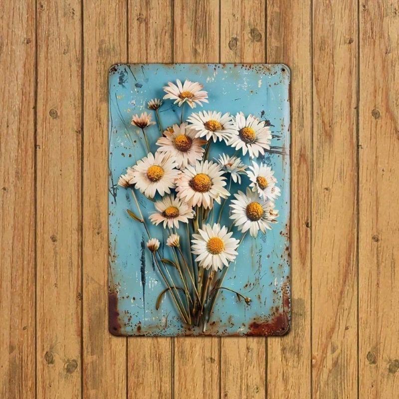 Vintage Metal Tin Sign 8x12 Inch, Rustic Daisy Wall Art Decor for Home, Bar, Cafe, Garden, Durable Floral Plant Design, Retro Ir
