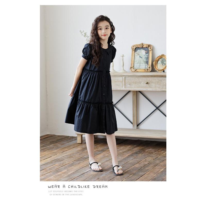 Korean Style Stitched Patchwork Shirt Collar Short Sleeve Big Girls Long Kids Dress