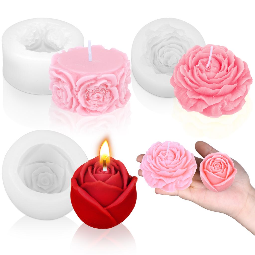3 Pcs Flower Silicone Candle Molds, 3D Rose Peony Silicone Resin Soap Candle Molds Flower Fondant Cake Chocolate Mold, Candle