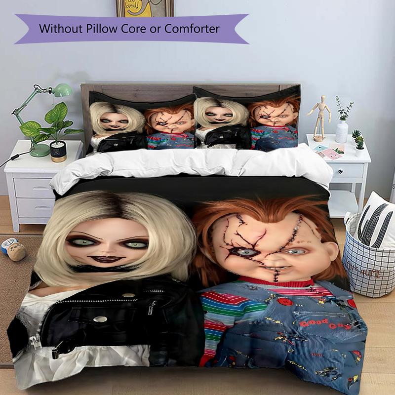 Horror-Puppen Halloween-Print 3-teiliges Bettwäsche-Set Bettbezug mit 2 Kissenbezügen Heim-Geburtstagsgeschenk