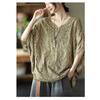 Cotton Foreign Style Hollow Out Lace Embroidery V-neck Top Women's Loose Large Sunscreen Blouse Holiday Style Outside