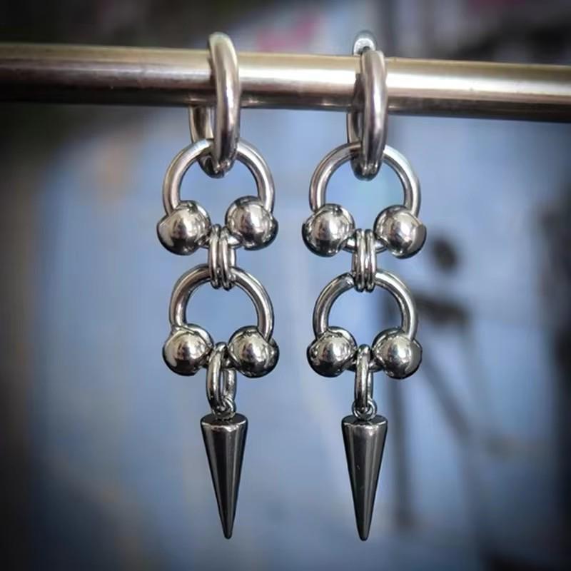 Gothic Punk Stainless Steel Rivet Spike Double Ring Earrings for Women